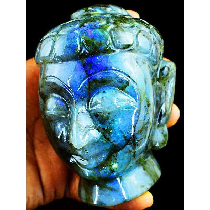 gemsmore:Blue Flash Labradorite Hand Carved Lord Buddha Head Idol