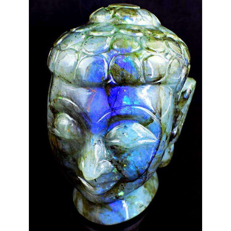 gemsmore:Blue Flash Labradorite Hand Carved Lord Buddha Head Idol