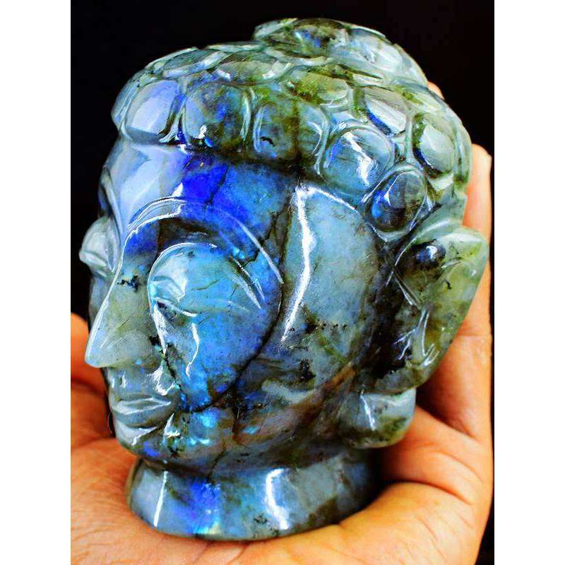 gemsmore:Blue Flash Labradorite Hand Carved Lord Buddha Head Idol