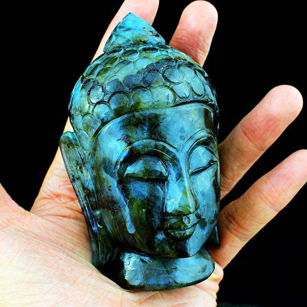 gemsmore:Blue Flash Labradorite Hand Carved Lord Buddha Head