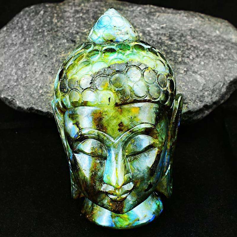 gemsmore:Blue Flash Labradorite Hand Carved Lord Buddha Head