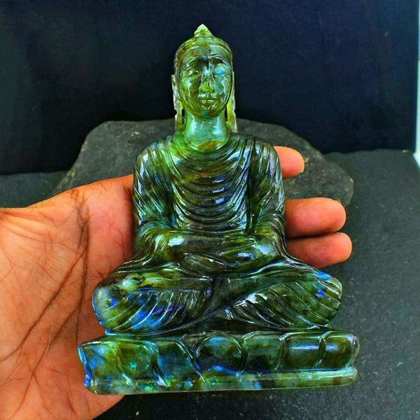 gemsmore:Blue Flash Labradorite Hand Carved Lord Buddha Idol
