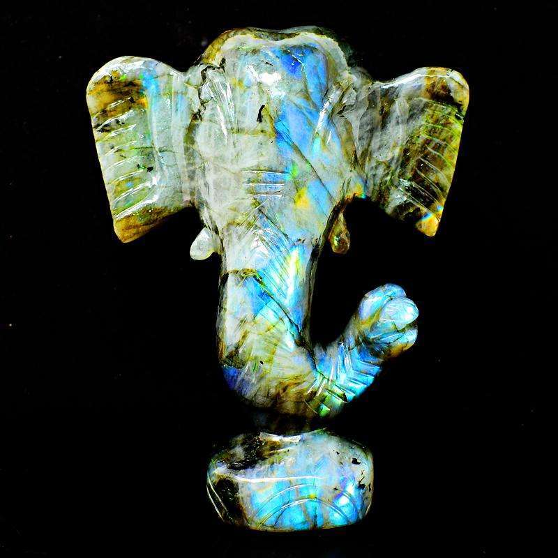gemsmore:Blue Flash Labradorite Hand Carved Lord Ganesha Head