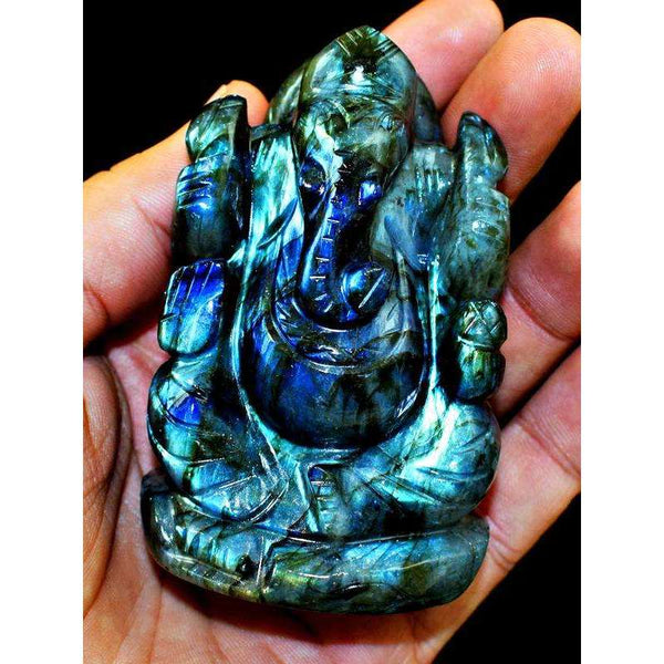 gemsmore:Blue Flash Labradorite Hand Carved Lord Ganesha Idol