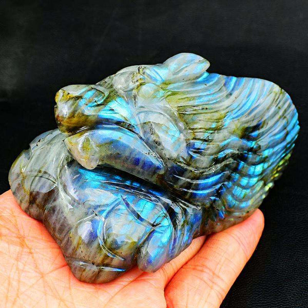 gemsmore:Blue Flash Labradorite Hand Carved Wolf Head