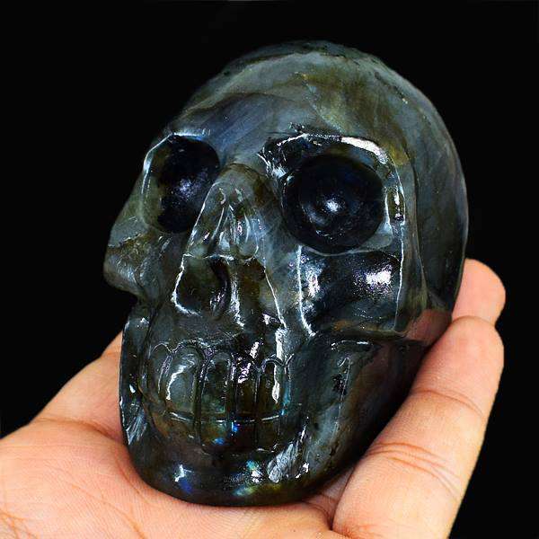 gemsmore:Blue Flash Labradorite Human Skull Carved Gemstone