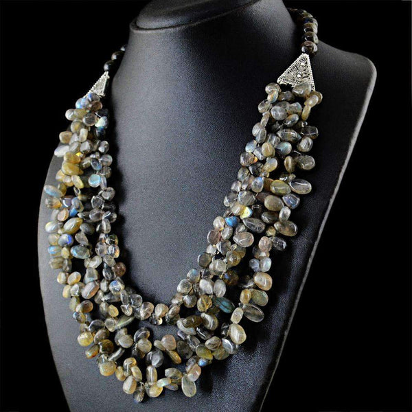 gemsmore:Blue Flash Labradorite Necklace Natural 3 Strand Pear Shape Beads