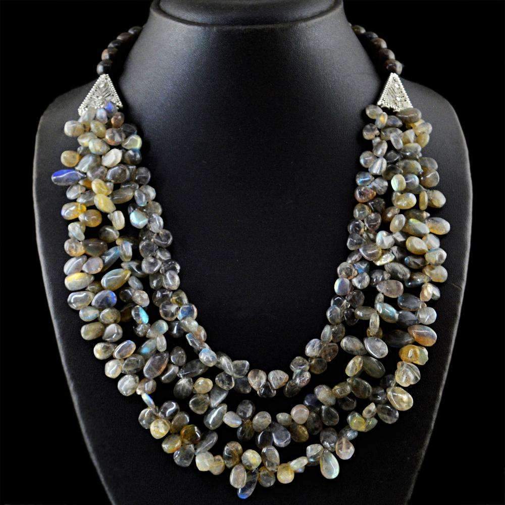 gemsmore:Blue Flash Labradorite Necklace Natural 3 Strand Pear Shape Beads