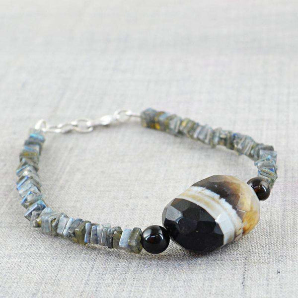 gemsmore:Blue Flash Labradorite & Onyx Bracelet Natural Untreated Beads