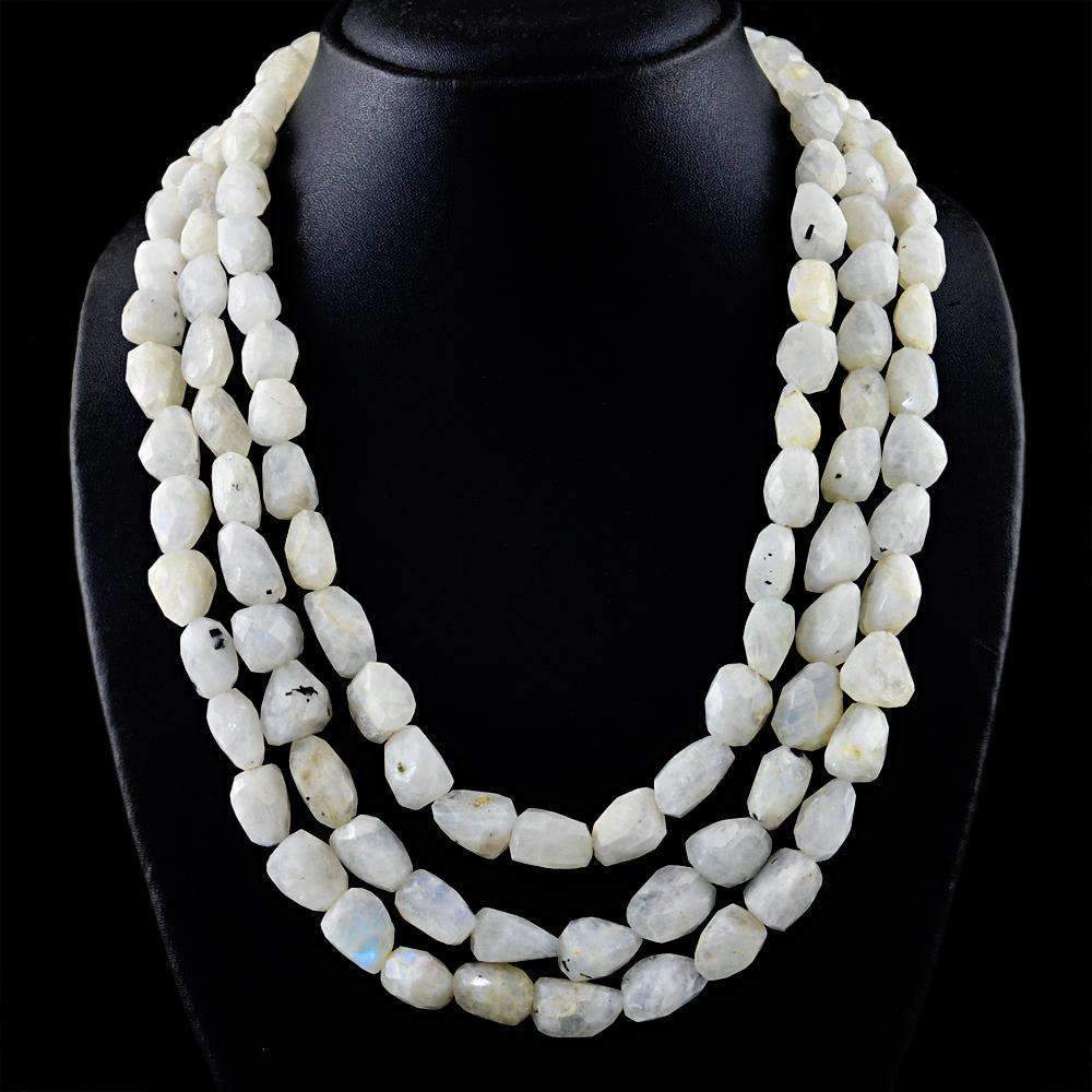 gemsmore:Blue Flash Moonstone Necklace Natural 3 Strand Faceted Beads