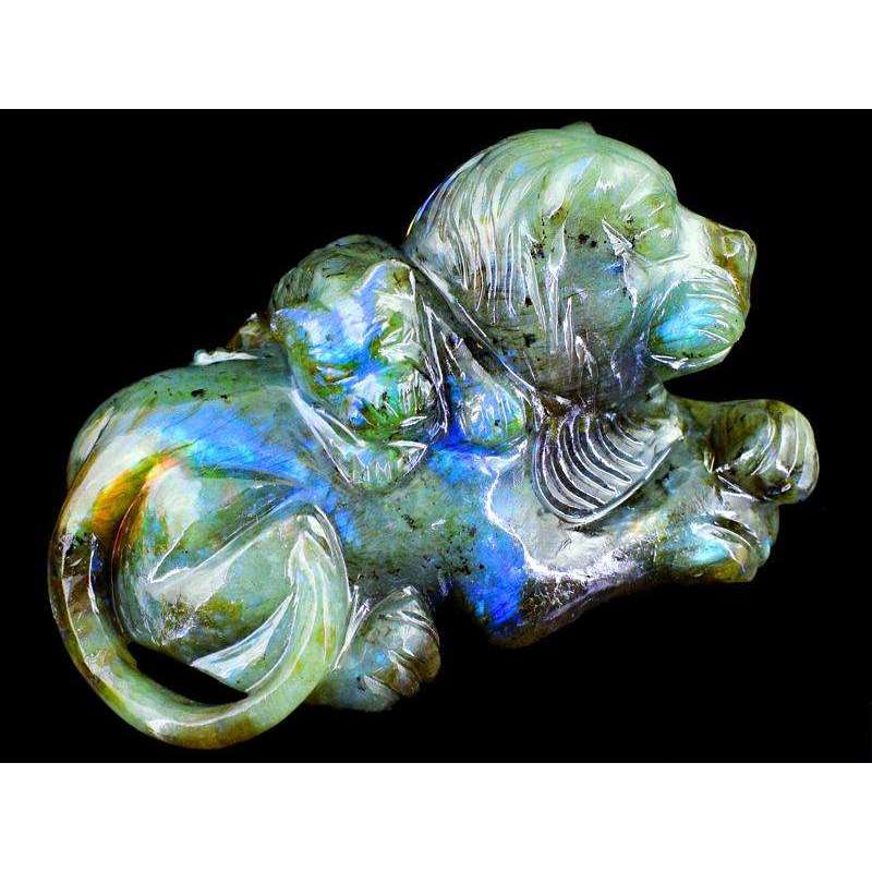 gemsmore:Blue Flash Top Labradorite Carved Lion With Its Cub