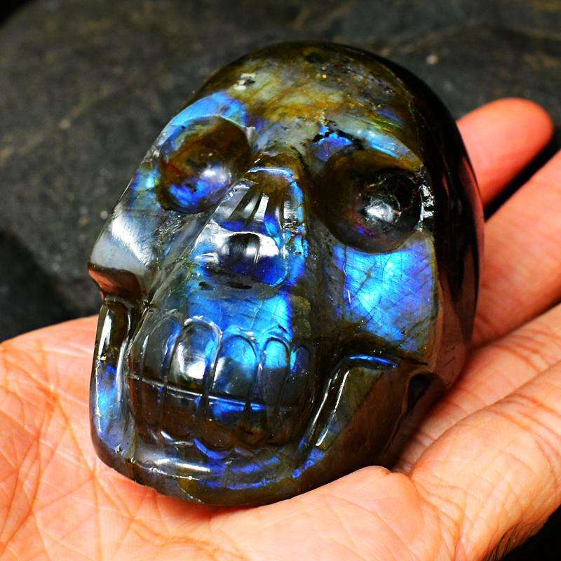 gemsmore:Blue & Golden Flash Labradorite Carved Human Skull