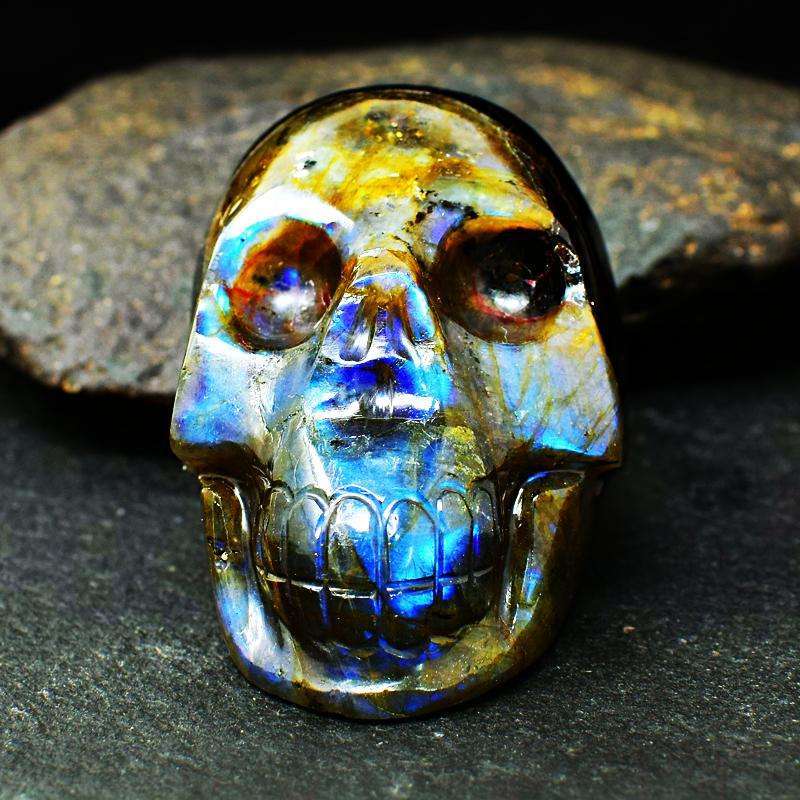 gemsmore:Blue & Golden Flash Labradorite Carved Human Skull