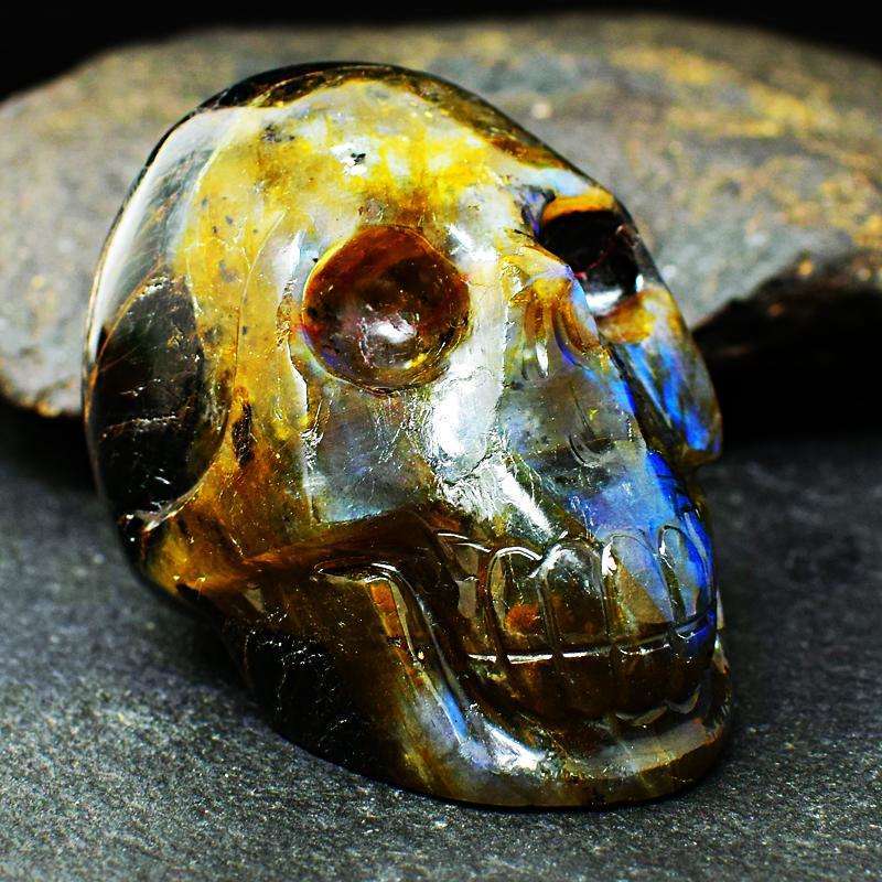 gemsmore:Blue & Golden Flash Labradorite Carved Human Skull