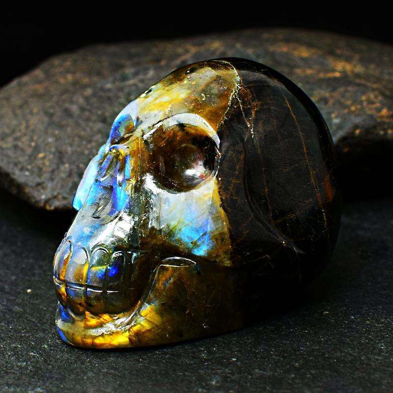 gemsmore:Blue & Golden Flash Labradorite Carved Human Skull