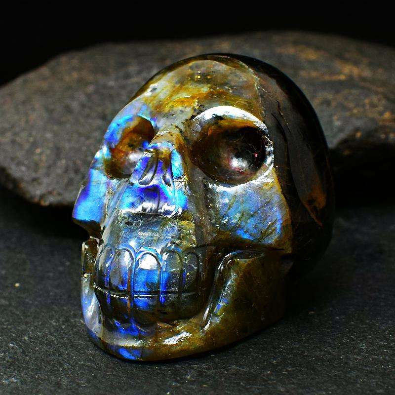 gemsmore:Blue & Golden Flash Labradorite Carved Human Skull
