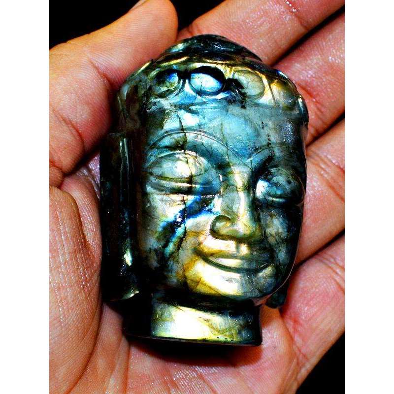 gemsmore:Blue & Golden Flash Labradorite Carved Lord Buddha Head