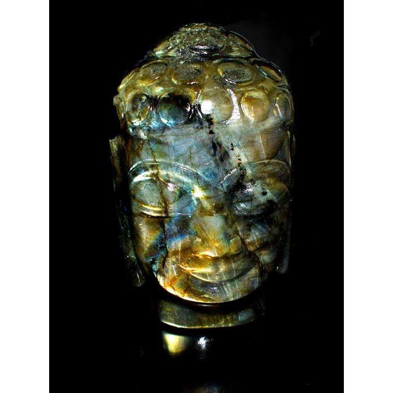 gemsmore:Blue & Golden Flash Labradorite Carved Lord Buddha Head