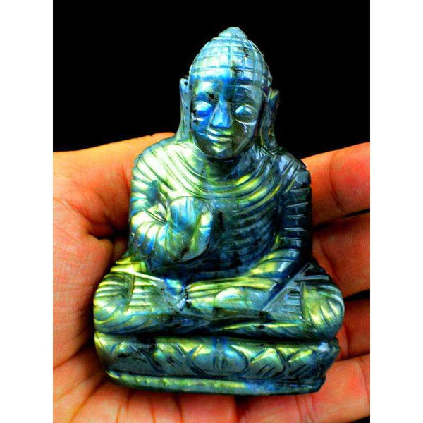 gemsmore:Blue & Golden Flash Labradorite Hand Carved Buddha