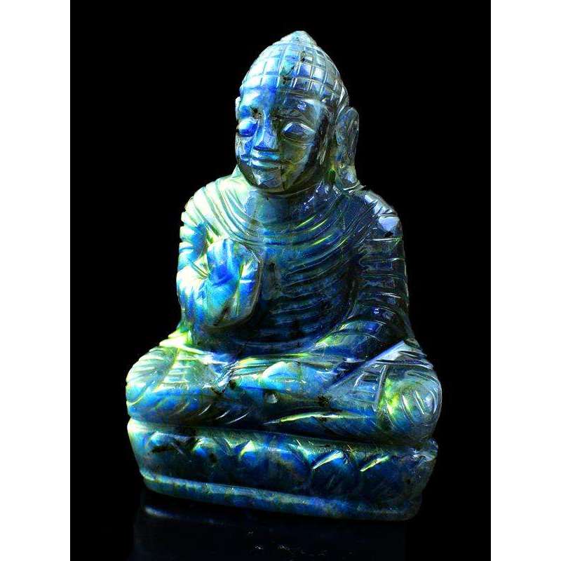 gemsmore:Blue & Golden Flash Labradorite Hand Carved Buddha