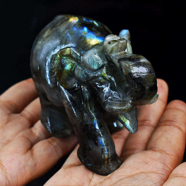 gemsmore:Blue & Golden Flash Labradorite Hand Carved Genuine Crystal Gemstone Carving Elephant