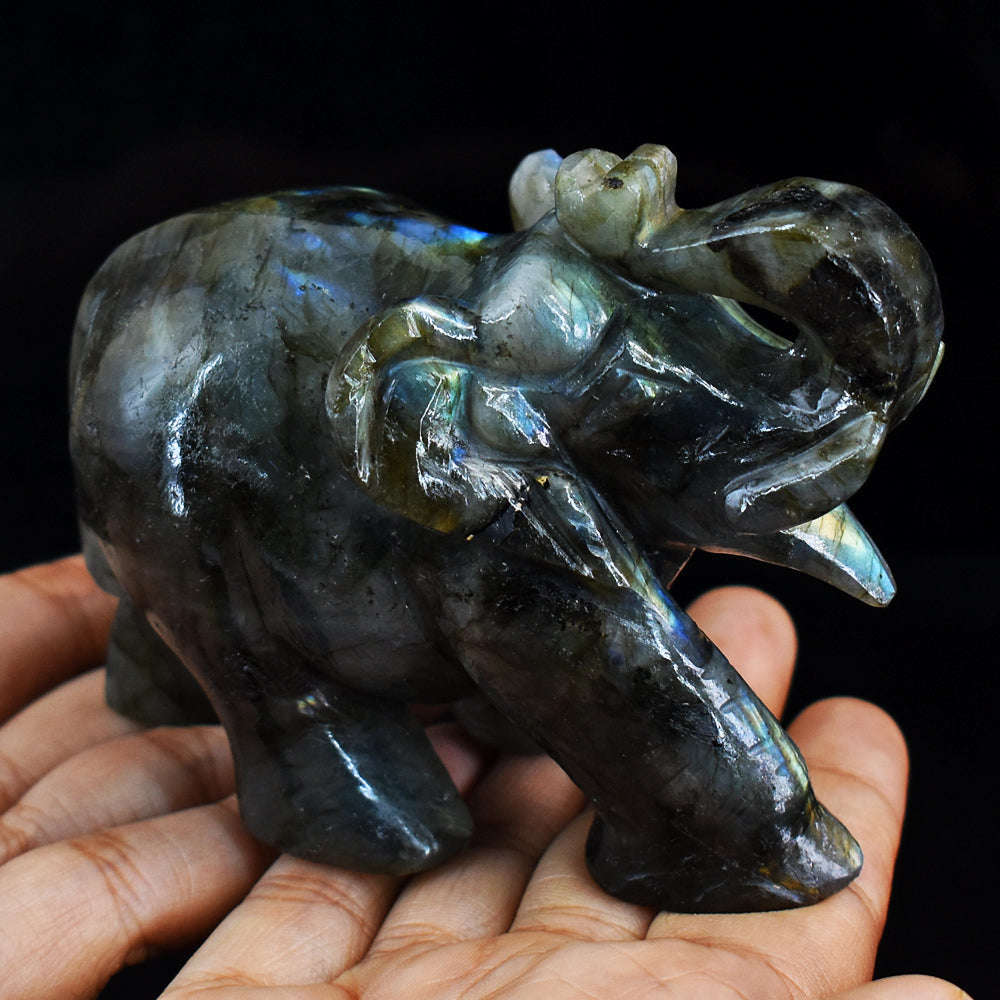 gemsmore:Blue & Golden Flash Labradorite Hand Carved Genuine Crystal Gemstone Carving Elephant