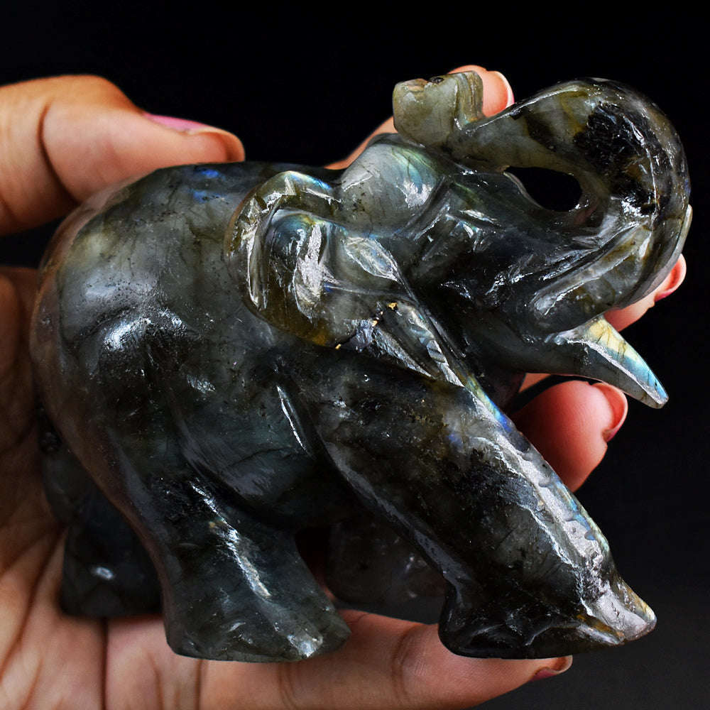 gemsmore:Blue & Golden Flash Labradorite Hand Carved Genuine Crystal Gemstone Carving Elephant