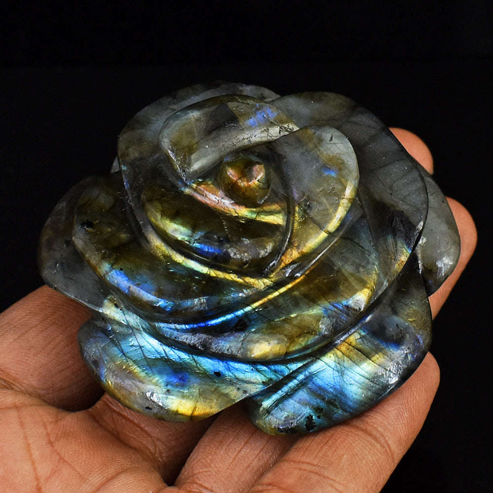 gemsmore:Blue & Golden Flash Labradorite Hand Carved Rose