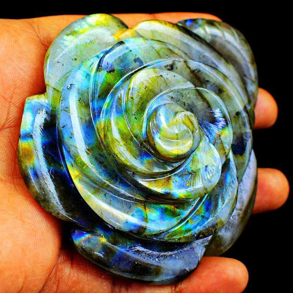 gemsmore:Blue & Golden Flash Labradorite Hand Carved Rose