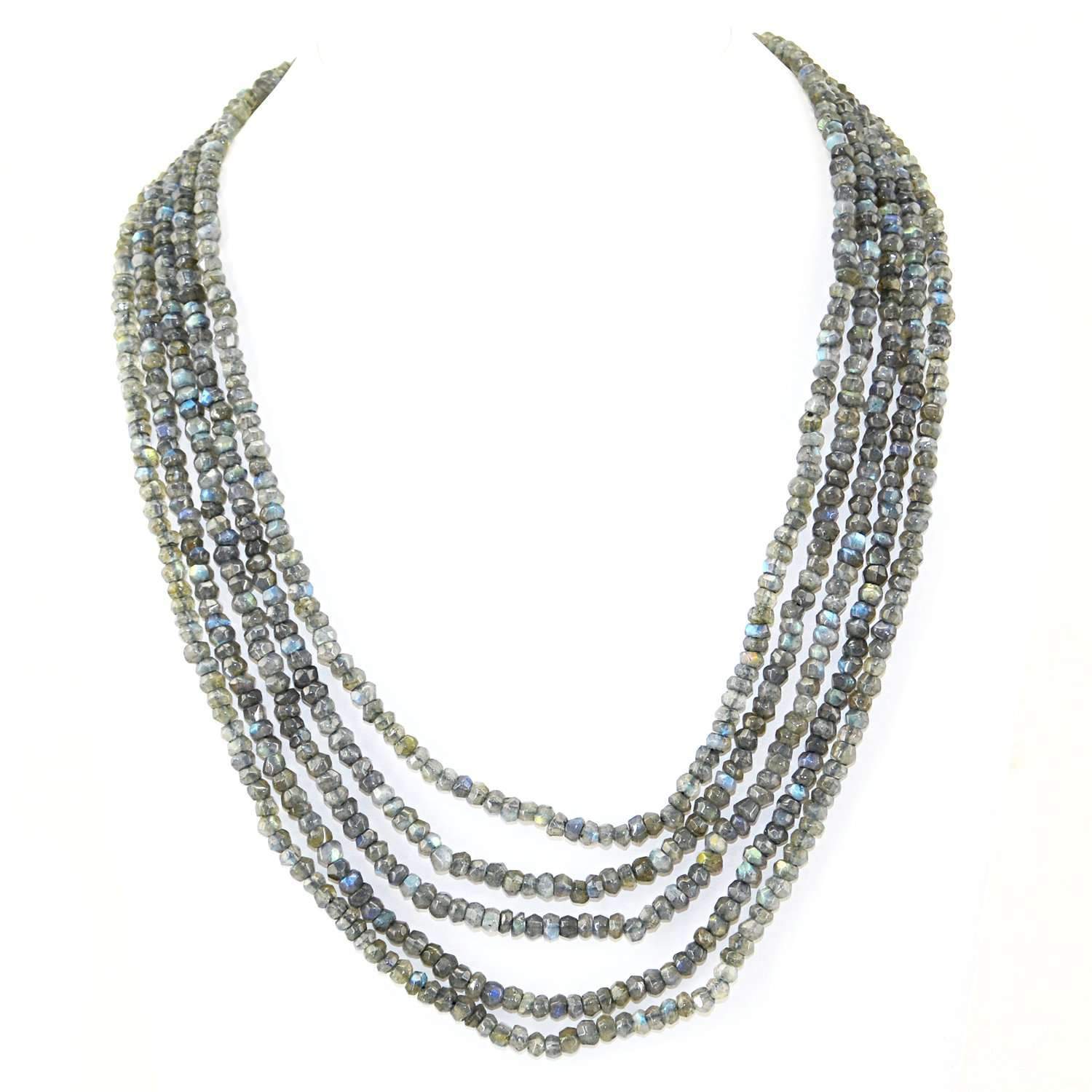 gemsmore:Blue & Golden Flash Labradorite Necklace Faceted Beads - Natural 5 Line Round Shape