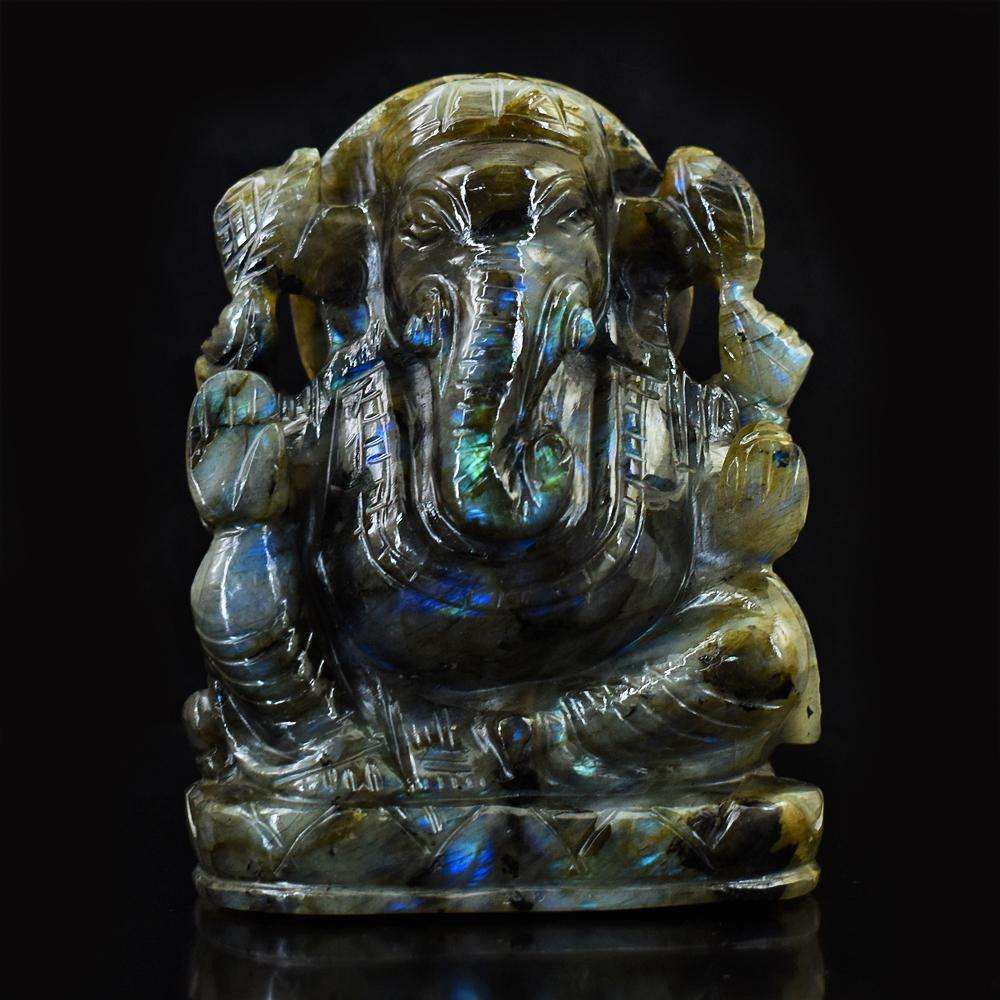 gemsmore:Blue & Green Flash Labradorite Carved Ganesha Idol