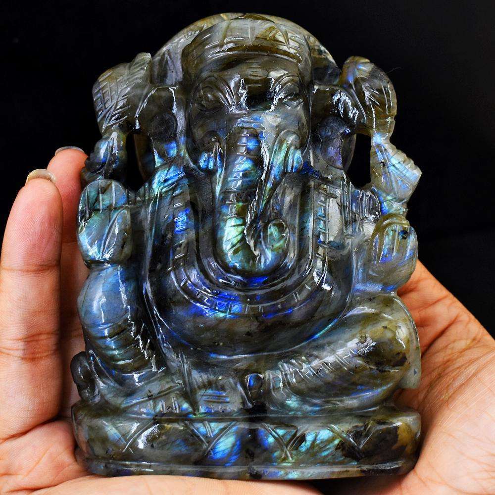 gemsmore:Blue & Green Flash Labradorite Carved Ganesha Idol