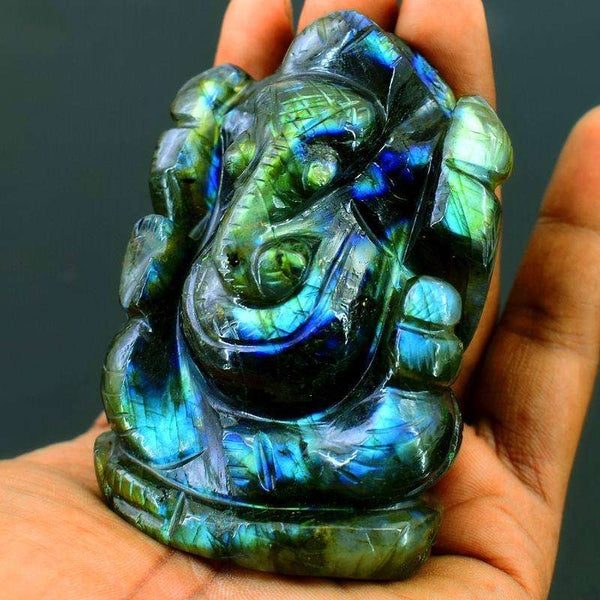 gemsmore:Blue & Green Flash Labradorite Carved Lord Ganesha Idol