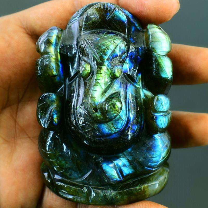 gemsmore:Blue & Green Flash Labradorite Carved Lord Ganesha Idol