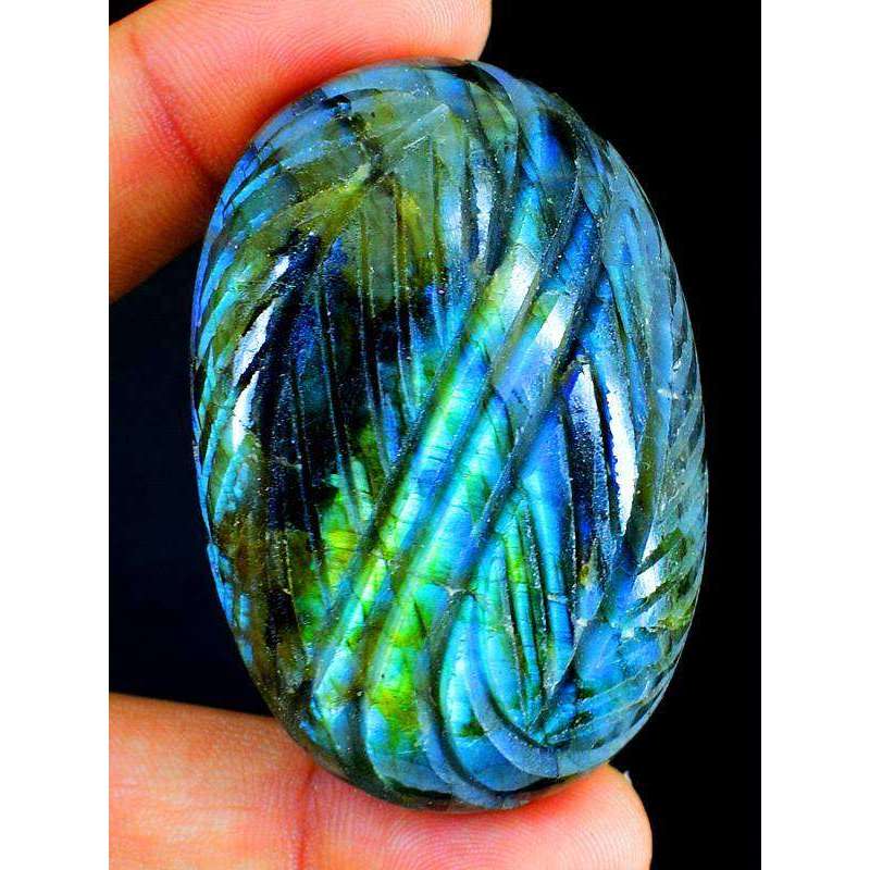 gemsmore:Blue & Green Flash Labradorite Carved Oval Shape Cabochon