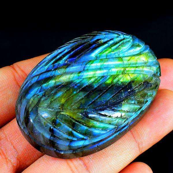 gemsmore:Blue & Green Flash Labradorite Carved Oval Shape Cabochon