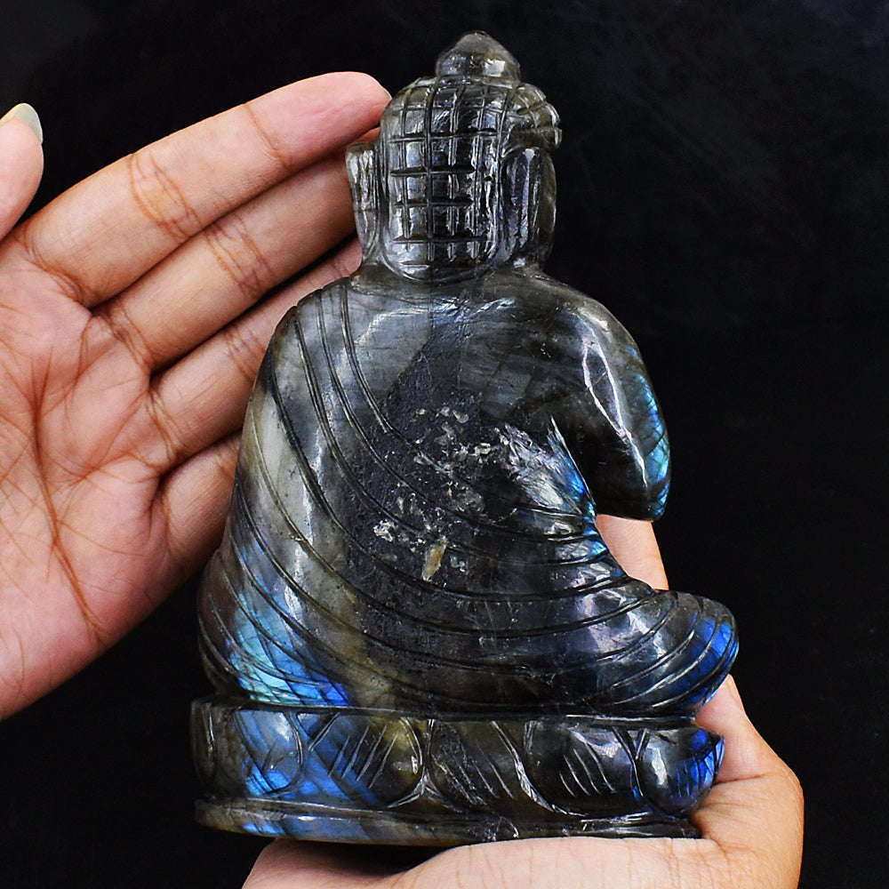 gemsmore:Blue & Green Flash Labradorite Hand Carved Lord Buddha