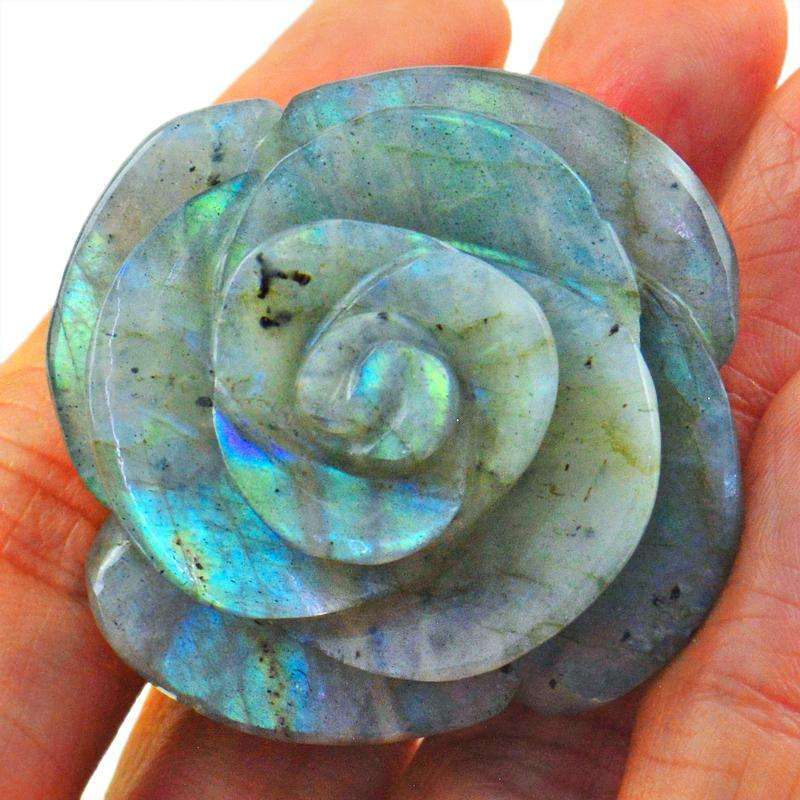 gemsmore:Blue & Green Flash Labradorite Hand Carved Rose