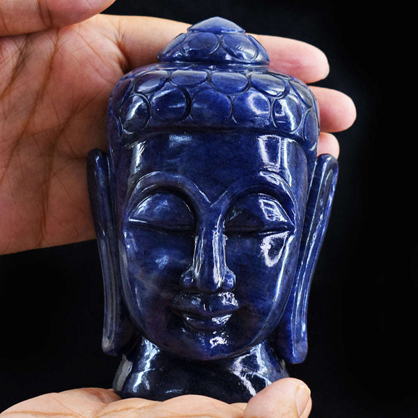 gemsmore:Blue Iolite Hand Carved Lord Buddha Head Idol Gemstone
