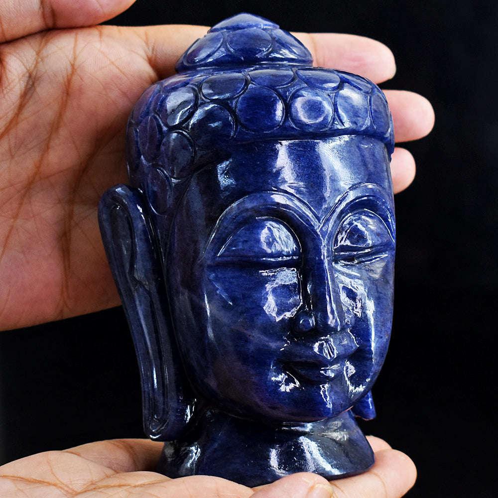 gemsmore:Blue Iolite Hand Carved Lord Buddha Head Idol Gemstone