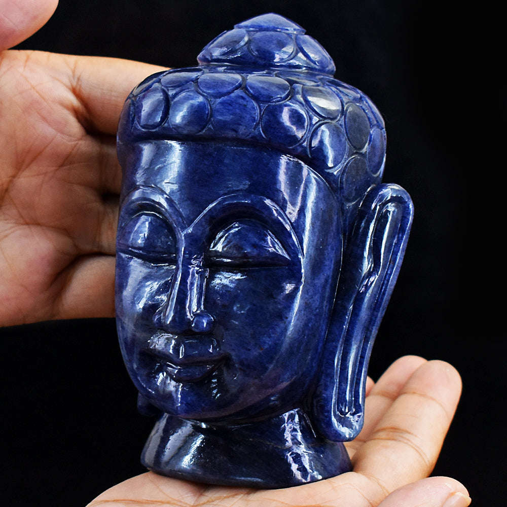 gemsmore:Blue Iolite Hand Carved Lord Buddha Head Idol Gemstone