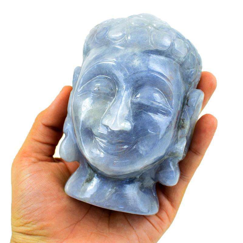 gemsmore:Blue Iolite Hand Carved Lord Buddha Head Idol Gemstone