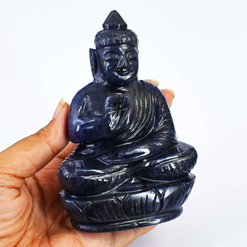 gemsmore:Blue Iolite Hand Carved Lord Buddha Idol Gemstone