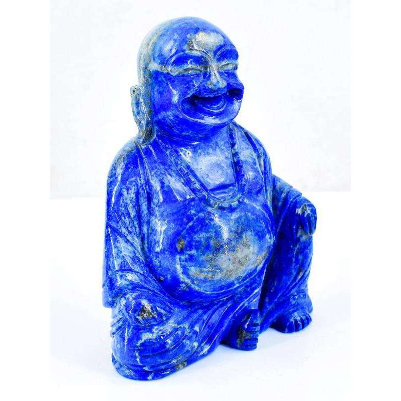 gemsmore:Blue Lapis Lazuli Hand Carved Laughing Buddha Idol Statute