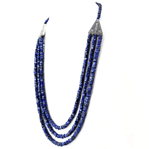 gemsmore:Blue Lapis Lazuli Necklace Natural 3 Line Genuine Beads - Best Quality