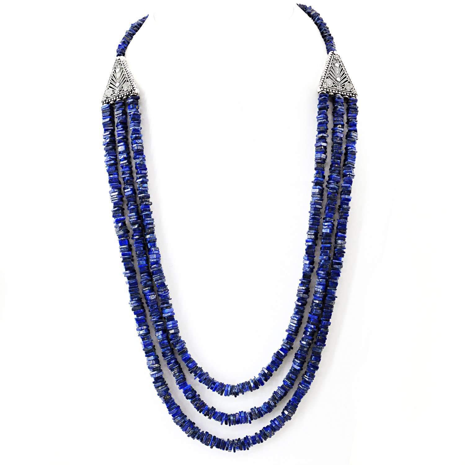 gemsmore:Blue Lapis Lazuli Necklace Natural 3 Line Genuine Beads - Best Quality