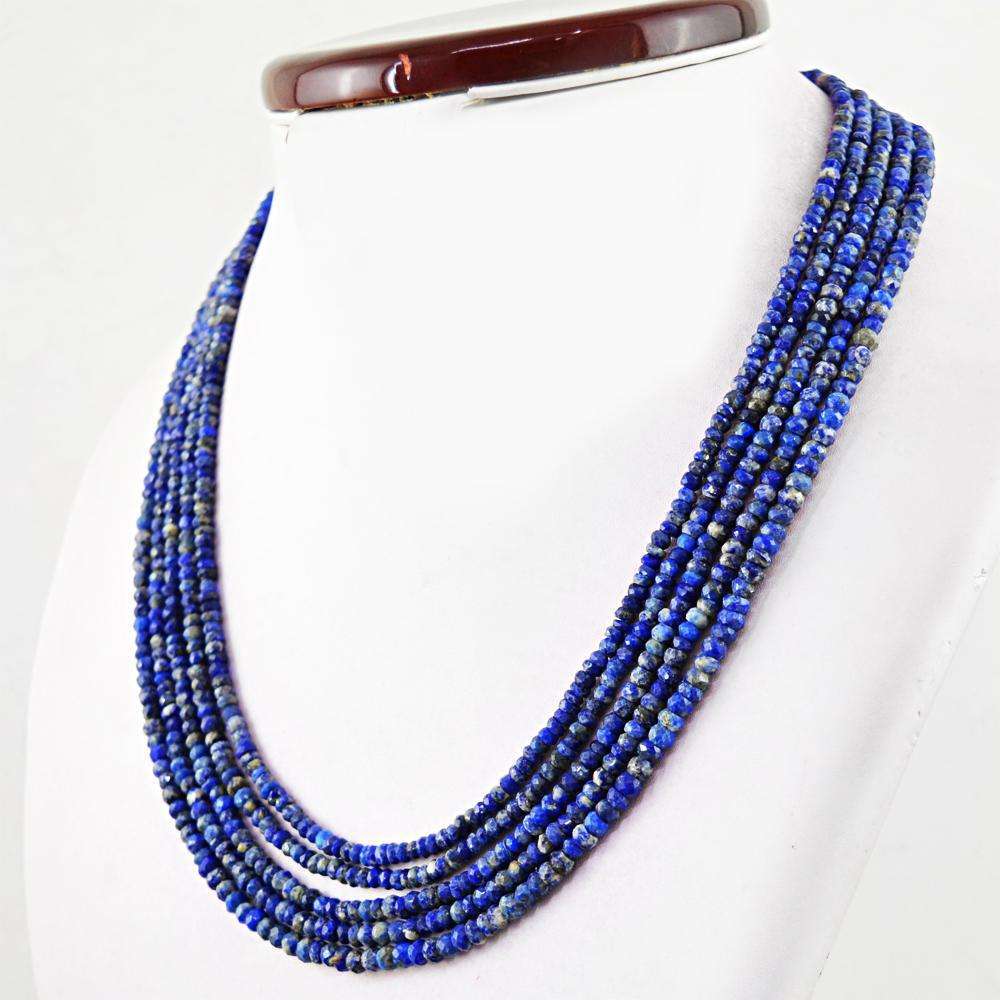 gemsmore:Blue Lapis Lazuli Necklace Natural Faceted Round Beads - 5 Strand