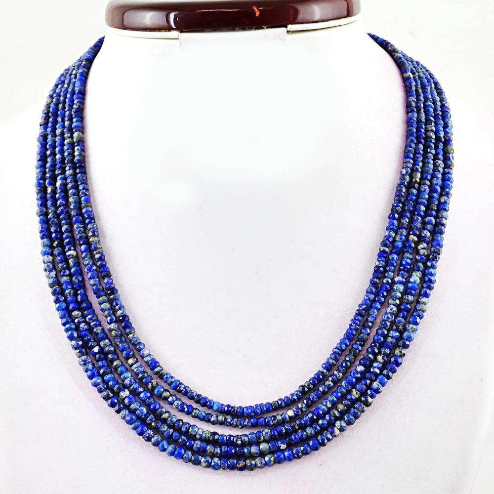 gemsmore:Blue Lapis Lazuli Necklace Natural Faceted Round Beads - 5 Strand