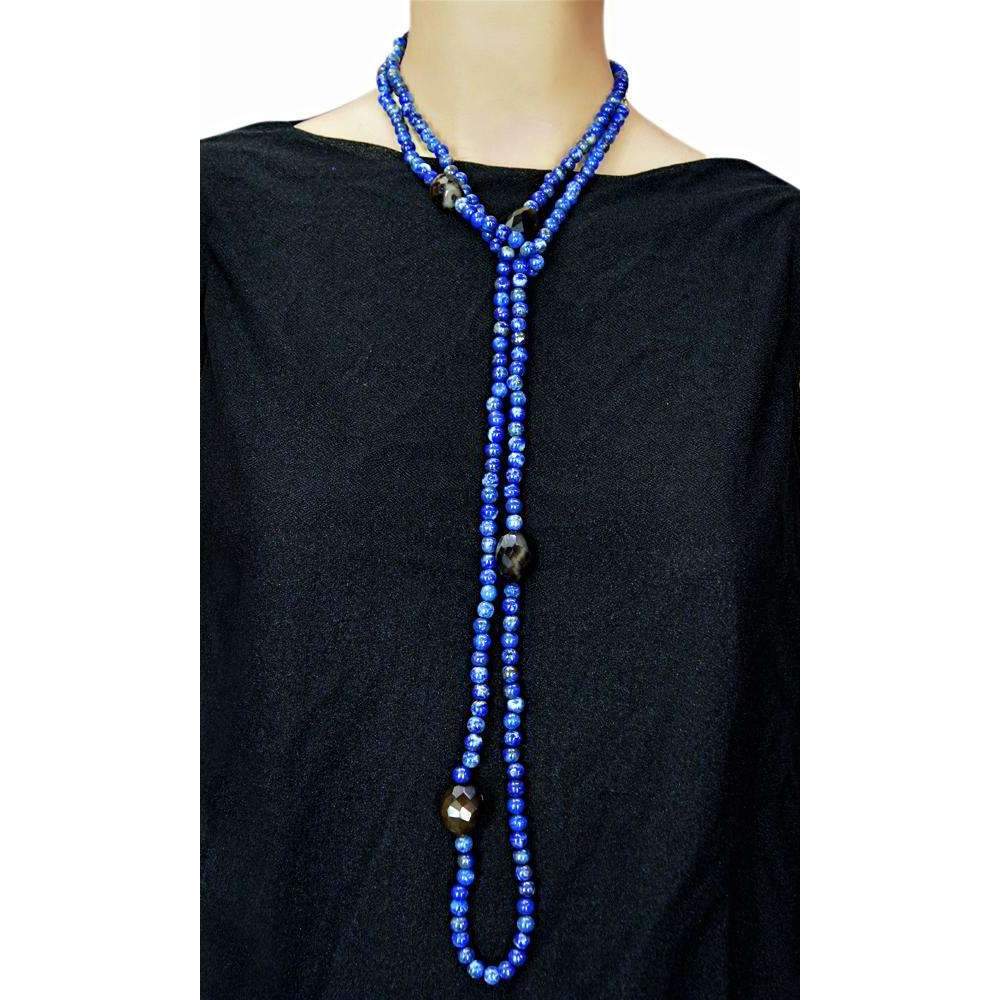 gemsmore:Blue Lapis Lazuli & Onyx Beads Necklace - Natural Round Shape