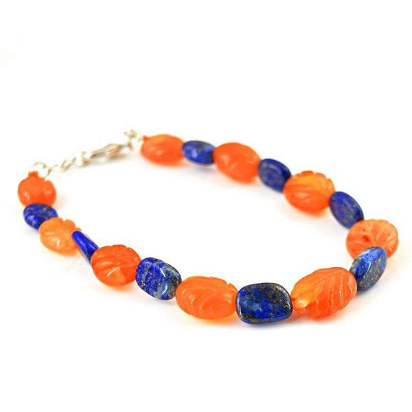 gemsmore:Blue Lapis Lazuli & Orange Carnelian Bracelet Natural Oval Shape Carved Beads